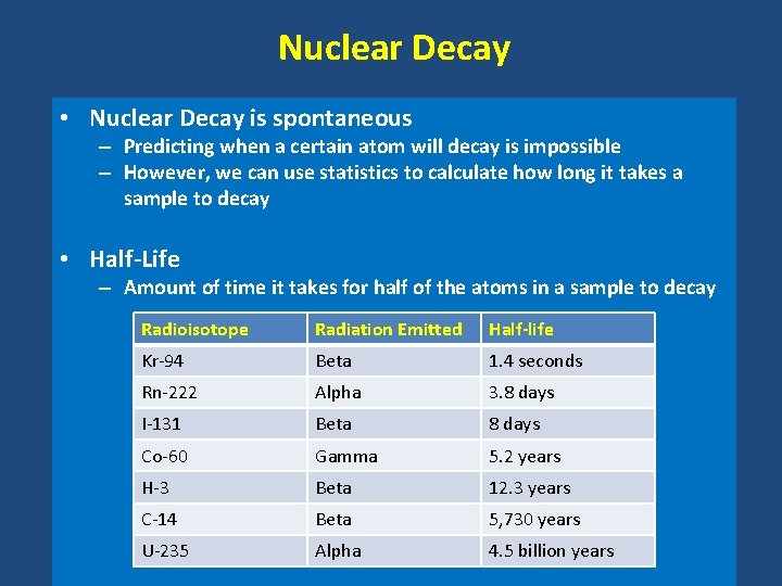 Nuclear Decay • Nuclear Decay is spontaneous – Predicting when a certain atom will