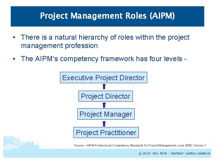 Project Management Roles (AIPM) • There is a natural hierarchy of roles within the