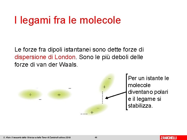 I legami fra le molecole Le forze fra dipoli istantanei sono dette forze di