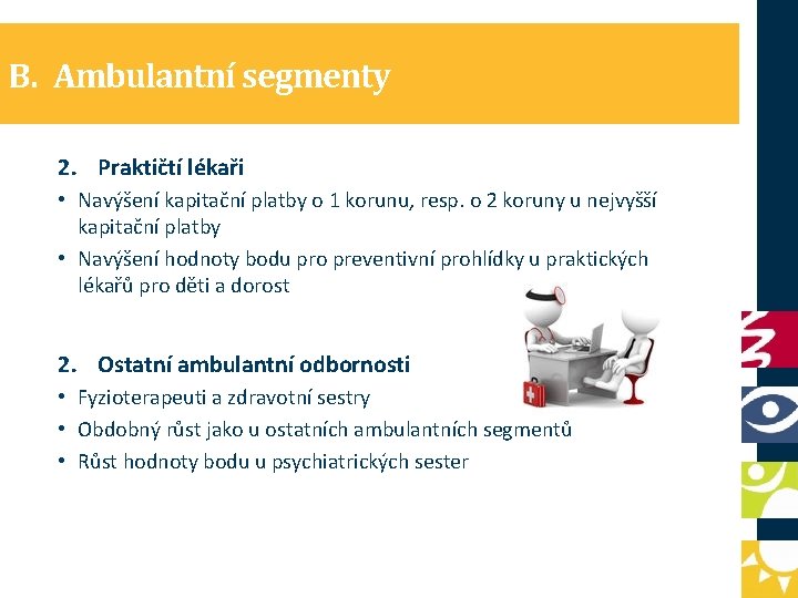 B. Ambulantní segmenty 2. Praktičtí lékaři • Navýšení kapitační platby o 1 korunu, resp.