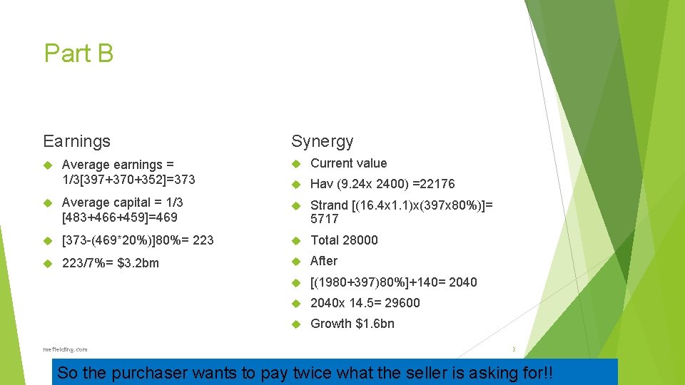 Part B Earnings Synergy Average earnings = 1/3[397+370+352]=373 Current value Hav (9. 24 x