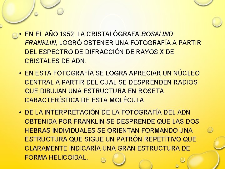  • EN EL AÑO 1952, LA CRISTALÓGRAFA ROSALIND FRANKLIN, LOGRÓ OBTENER UNA FOTOGRAFÍA