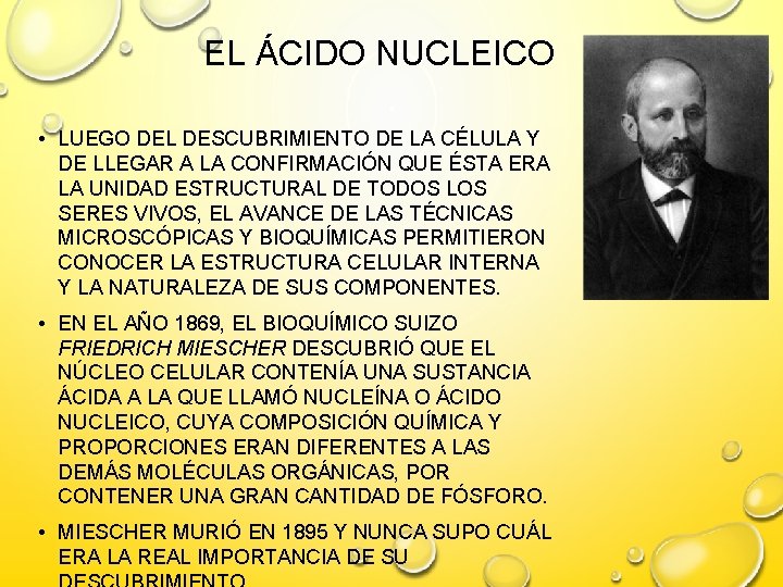 EL ÁCIDO NUCLEICO • LUEGO DEL DESCUBRIMIENTO DE LA CÉLULA Y DE LLEGAR A