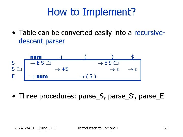 How to Implement? • Table can be converted easily into a recursivedescent parser S