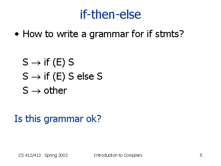 if-then-else • How to write a grammar for if stmts? S if (E) S