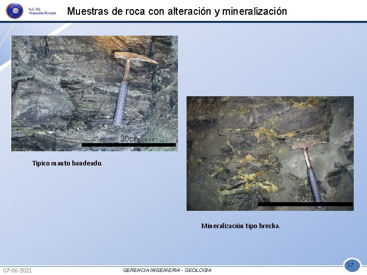 Muestras de roca con alteración y mineralización Tipico manto bandeado. Mineralización tipo brecha. 07