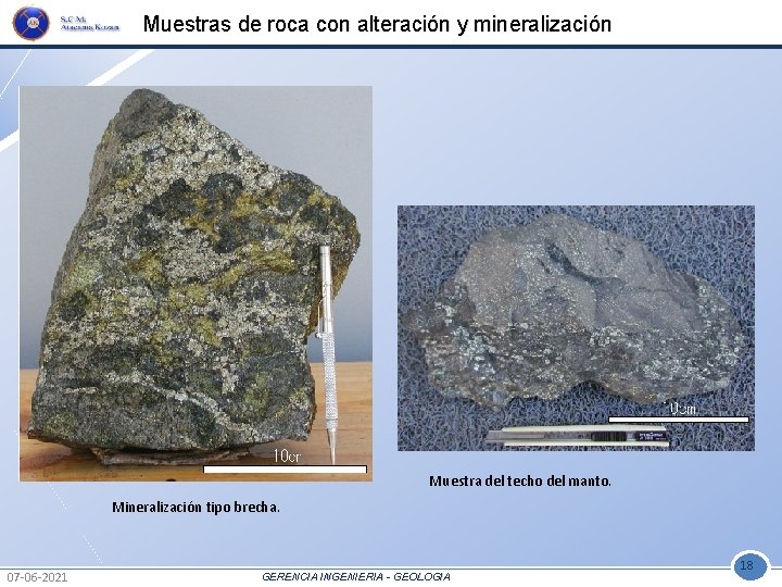 Muestras de roca con alteración y mineralización Muestra del techo del manto. Mineralización tipo