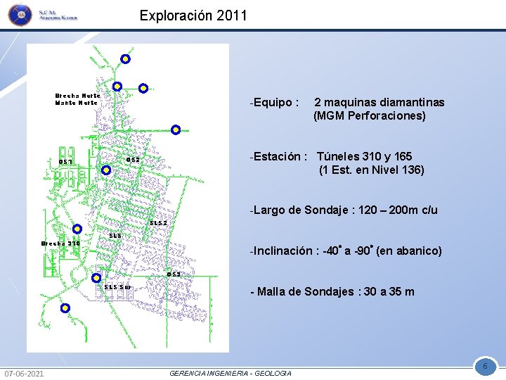 Exploración 2011 Brecha Norte Manto Norte -Equipo : -Estación : Túneles 310 y 165