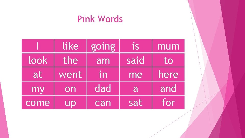 Pink Words I like going look the am at went in my on dad