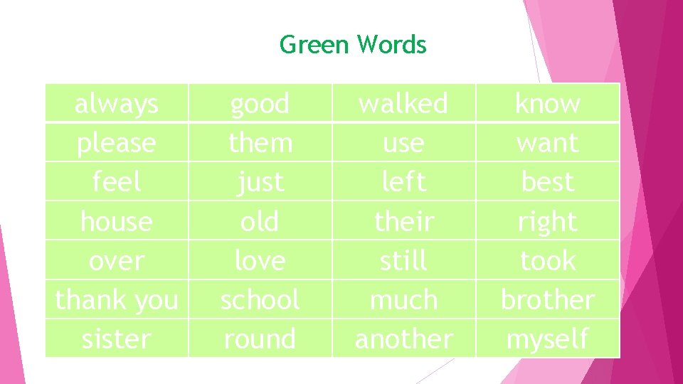 Green Words always please feel house over thank you sister good them just old