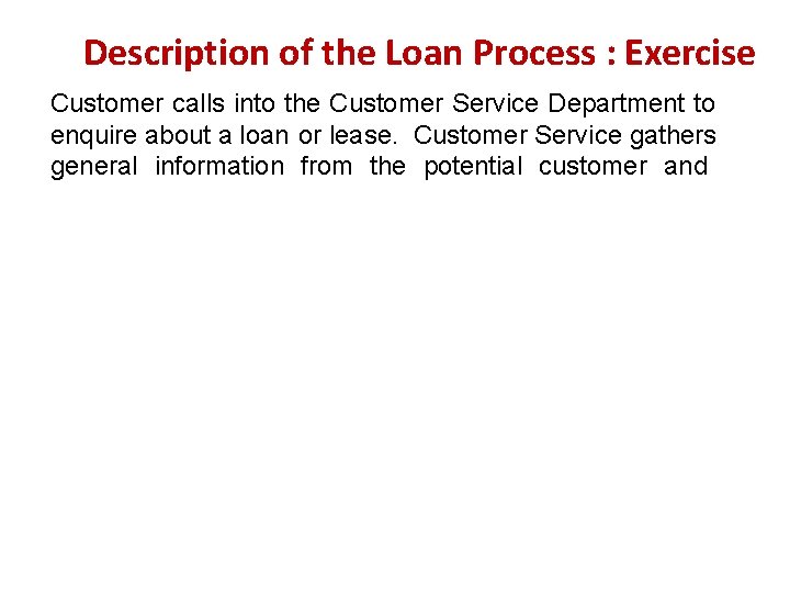 Description of the Loan Process : Exercise Customer calls into the Customer Service Department