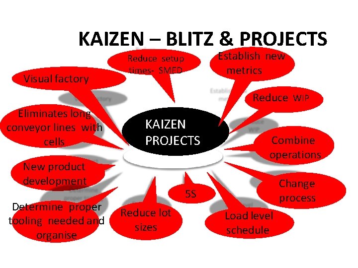 KAIZEN – BLITZ & PROJECTS Visual factory Establish new metrics Reduce setup times- SMED