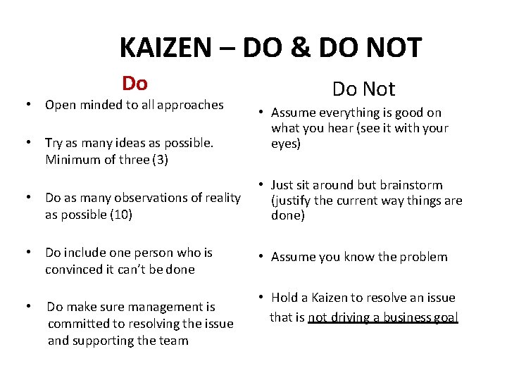 KAIZEN – DO & DO NOT Do • Open minded to all approaches •