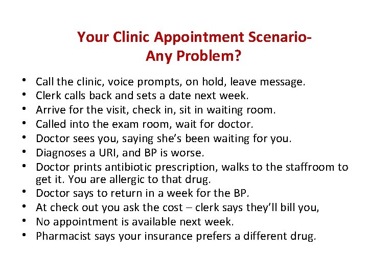 Your Clinic Appointment Scenario. Any Problem? • • • Call the clinic, voice prompts,