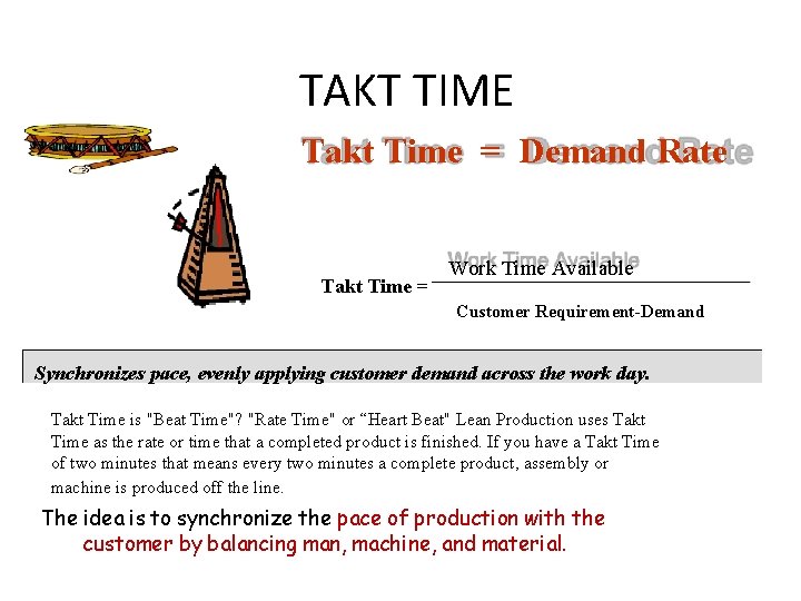 TAKT TIME Takt Time = Demand Rate Takt Time = Work Time Available Customer