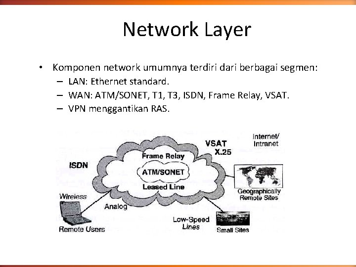 Network Layer • Komponen network umumnya terdiri dari berbagai segmen: – LAN: Ethernet standard.