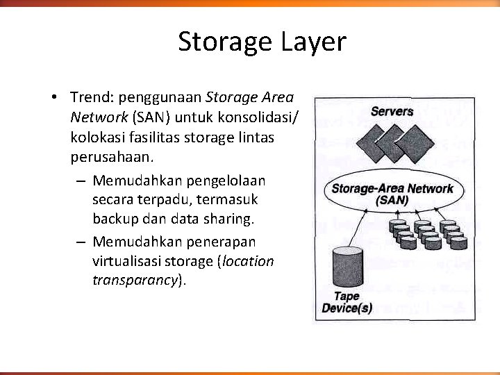 Storage Layer • Trend: penggunaan Storage Area Network (SAN) untuk konsolidasi/ kolokasi fasilitas storage