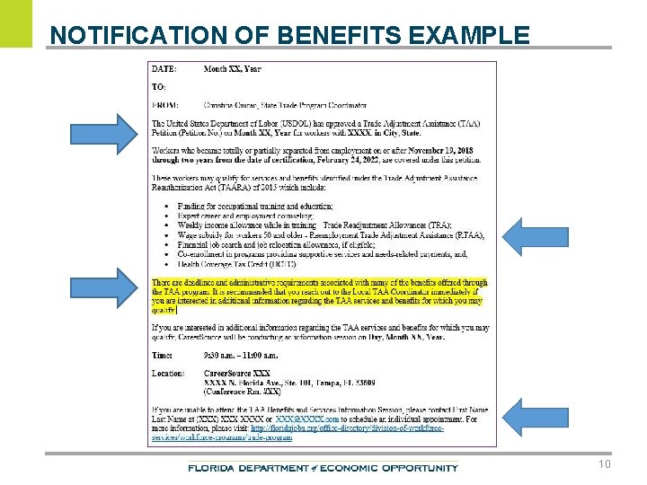 NOTIFICATION OF BENEFITS EXAMPLE 10 