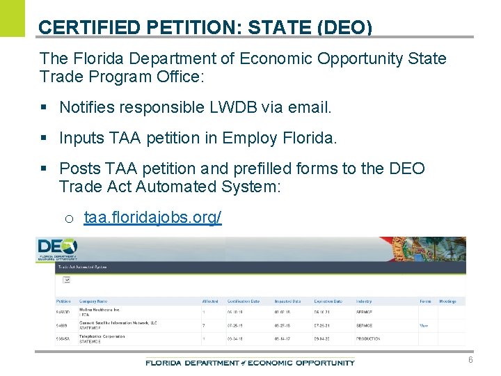 CERTIFIED PETITION: STATE (DEO) The Florida Department of Economic Opportunity State Trade Program Office: