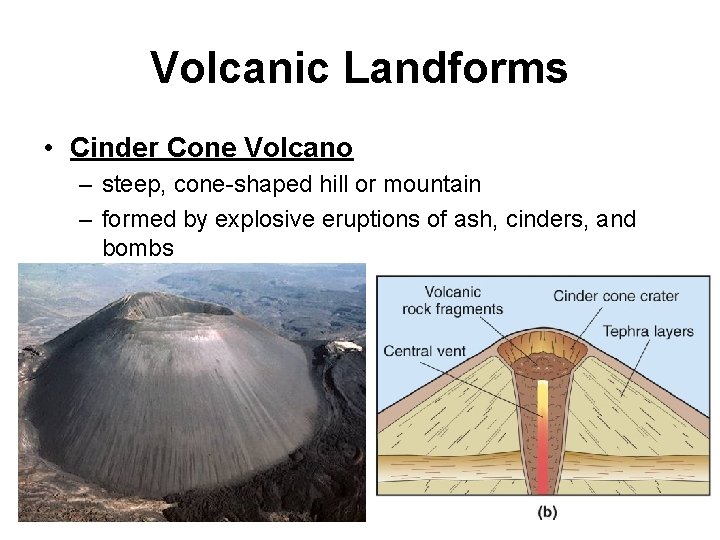 Volcanic Landforms • Cinder Cone Volcano – steep, cone-shaped hill or mountain – formed