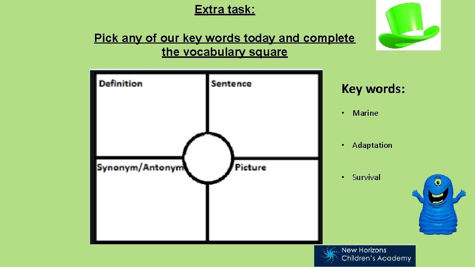 Extra task: Pick any of our key words today and complete the vocabulary square