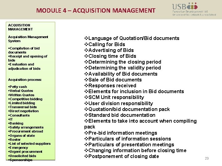 MODULE 4 – ACQUISITION MANAGEMENT Acquisition Management System ·Compilation of bid documents ·Receipt and