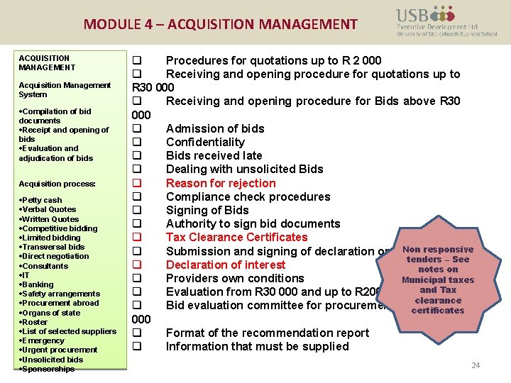 MODULE 4 – ACQUISITION MANAGEMENT Acquisition Management System ·Compilation of bid documents ·Receipt and