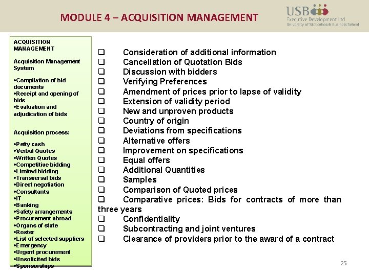 MODULE 4 – ACQUISITION MANAGEMENT Acquisition Management System ·Compilation of bid documents ·Receipt and