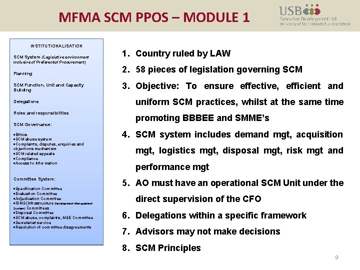 MFMA SCM PPOS – MODULE 1 INSTITUTIONALISATION SCM System (Legislative environment inclusive of Preferential