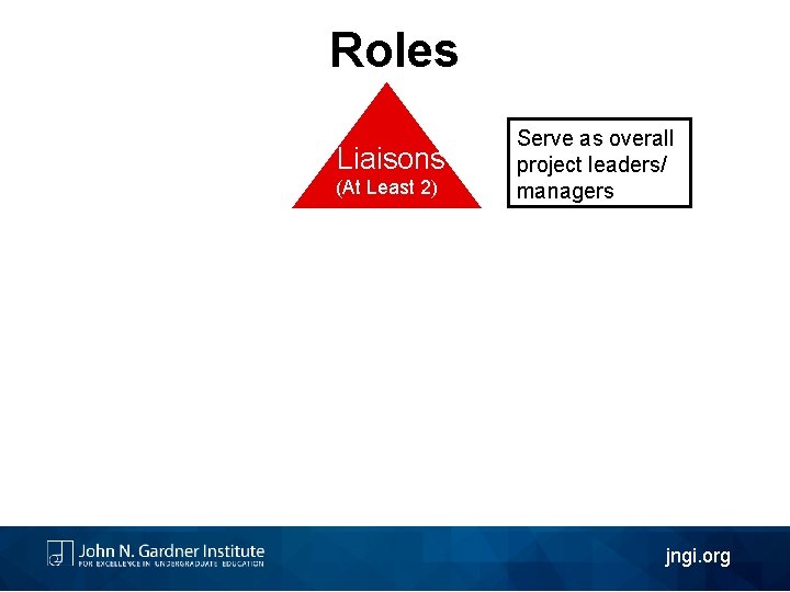 Roles Liaisons (At Least 2) Serve as overall project leaders/ managers jngi. org 