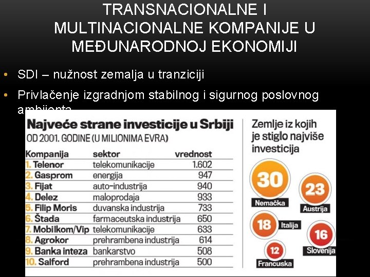 TRANSNACIONALNE I MULTINACIONALNE KOMPANIJE U MEĐUNARODNOJ EKONOMIJI • SDI – nužnost zemalja u tranziciji