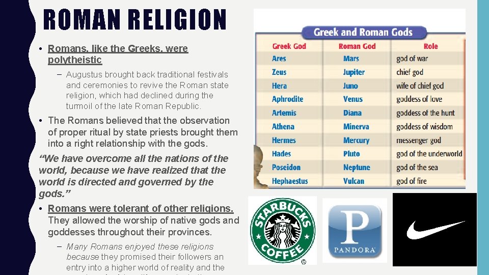 ROMAN RELIGION • Romans, like the Greeks, were polytheistic – Augustus brought back traditional