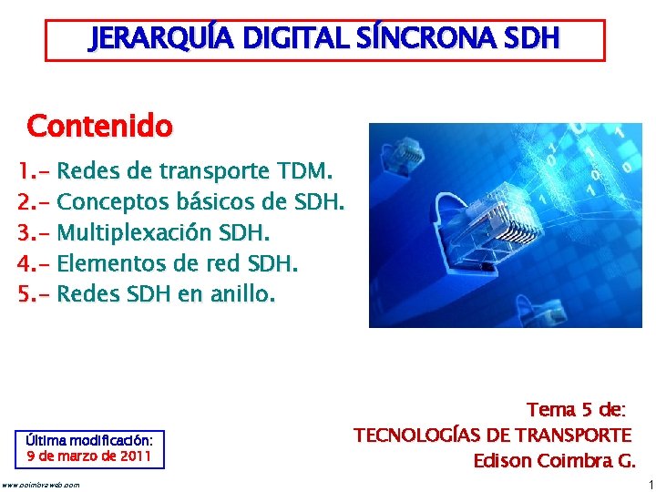 JERARQUÍA DIGITAL SÍNCRONA SDH Contenido 1. - Redes de transporte TDM. 2. - Conceptos