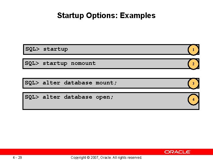Startup Options: Examples 4 - 29 SQL> startup 1 SQL> startup nomount 2 SQL>