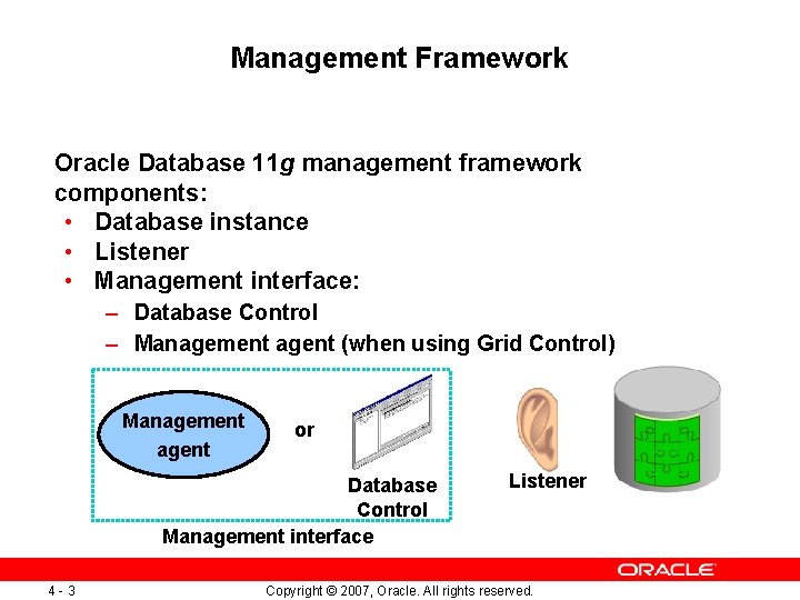 Management Framework Oracle Database 11 g management framework components: • Database instance • Listener