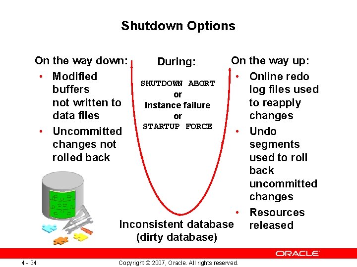 Shutdown Options On the way up: • Online redo SHUTDOWN ABORT log files used