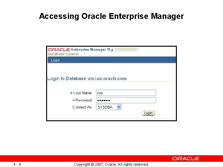 Accessing Oracle Enterprise Manager 4 -6 Copyright © 2007, Oracle. All rights reserved. 