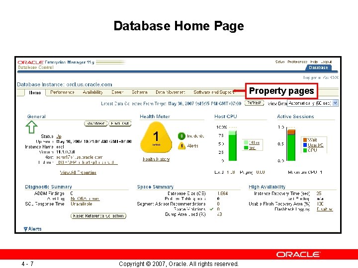 Database Home Page Property pages 4 -7 Copyright © 2007, Oracle. All rights reserved.