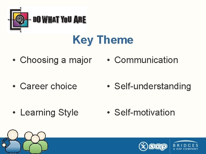 Key Theme • Choosing a major • Communication • Career choice • Self-understanding •