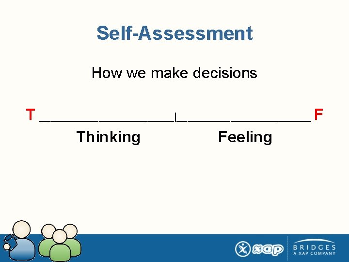 Self-Assessment How we make decisions T _____________|_____________ F Thinking Feeling 