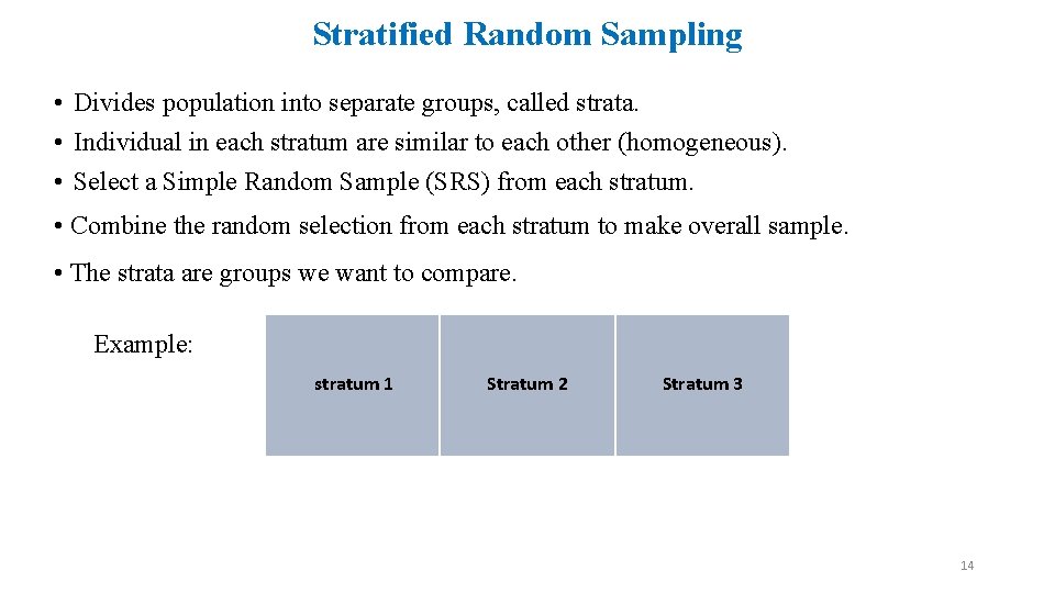 Stratified Random Sampling • Divides population into separate groups, called strata. • Individual in