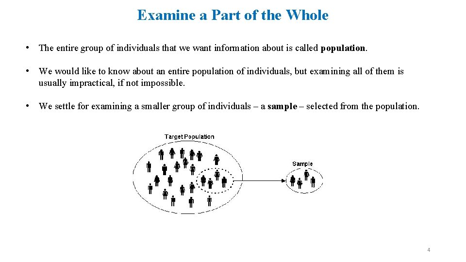 Examine a Part of the Whole • The entire group of individuals that we