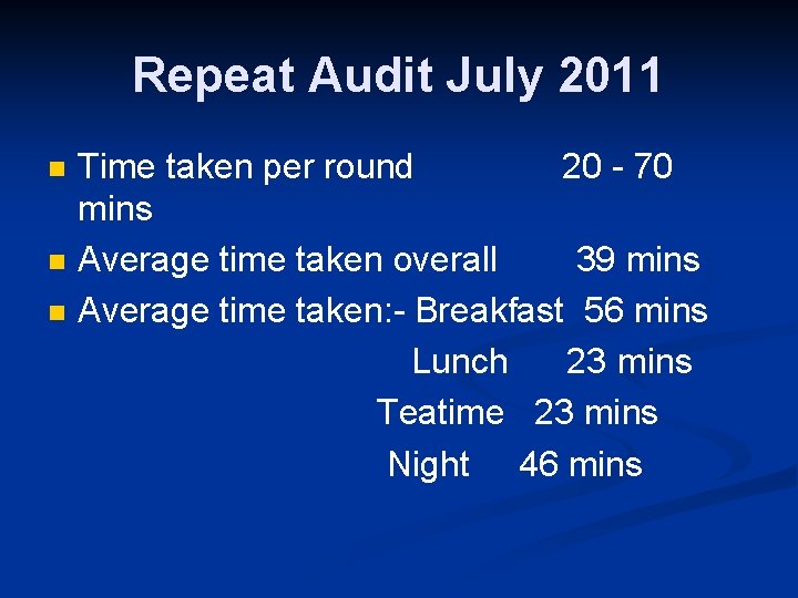 Repeat Audit July 2011 n n n Time taken per round 20 - 70