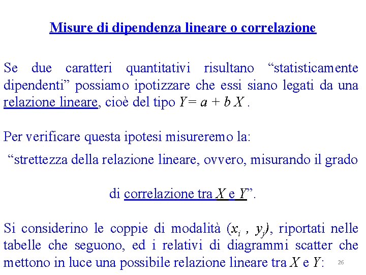 Misure di dipendenza lineare o correlazione Se due caratteri quantitativi risultano “statisticamente dipendenti” possiamo