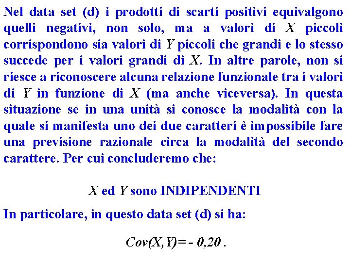 Nel data set (d) i prodotti di scarti positivi equivalgono quelli negativi, non solo,