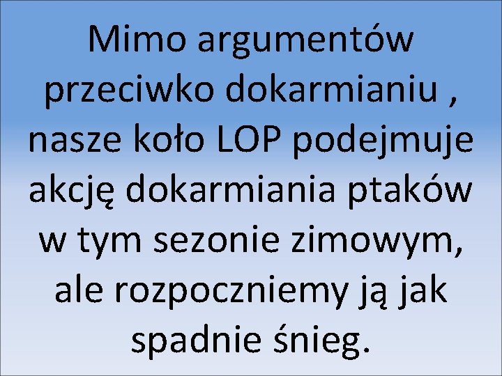 Mimo argumentów przeciwko dokarmianiu , nasze koło LOP podejmuje akcję dokarmiania ptaków w tym