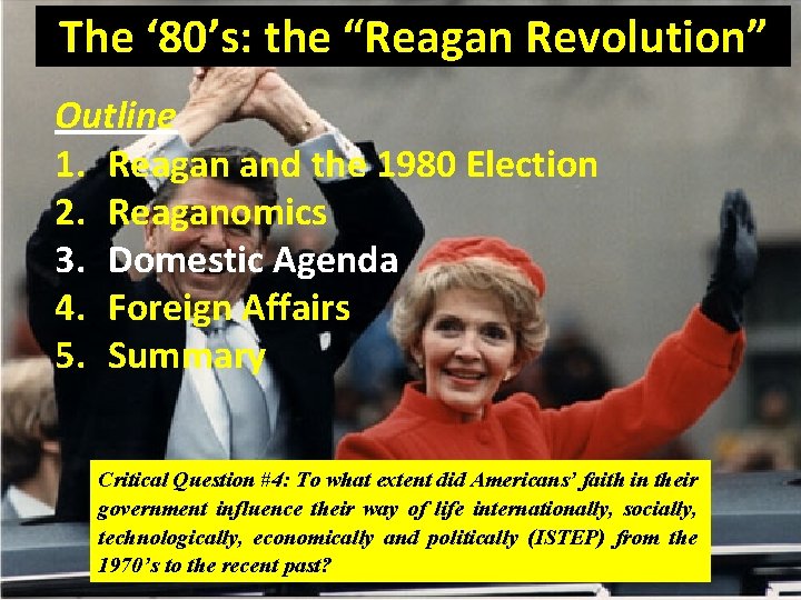 The ‘ 80’s: the “Reagan Revolution” Outline 1. Reagan and the 1980 Election 2.