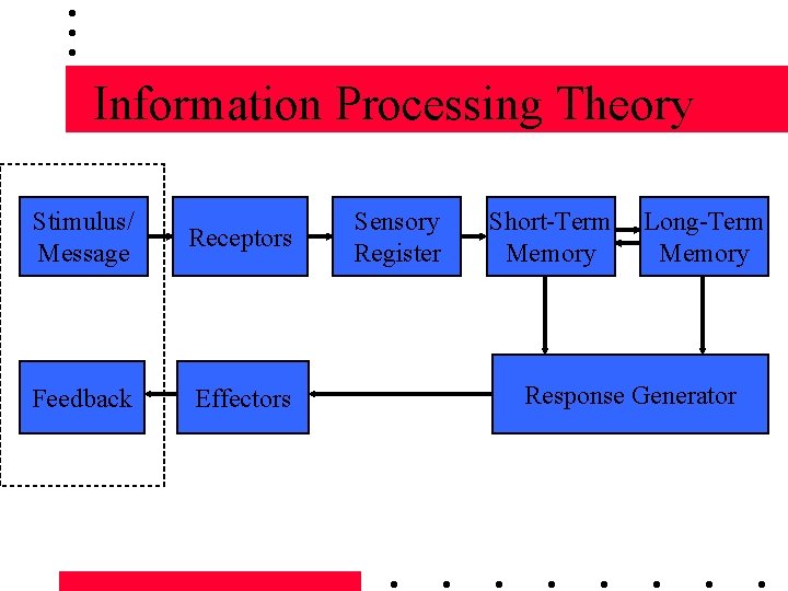Information Processing Theory Stimulus/ Message Receptors Feedback Effectors Sensory Register Short-Term Memory Long-Term Memory