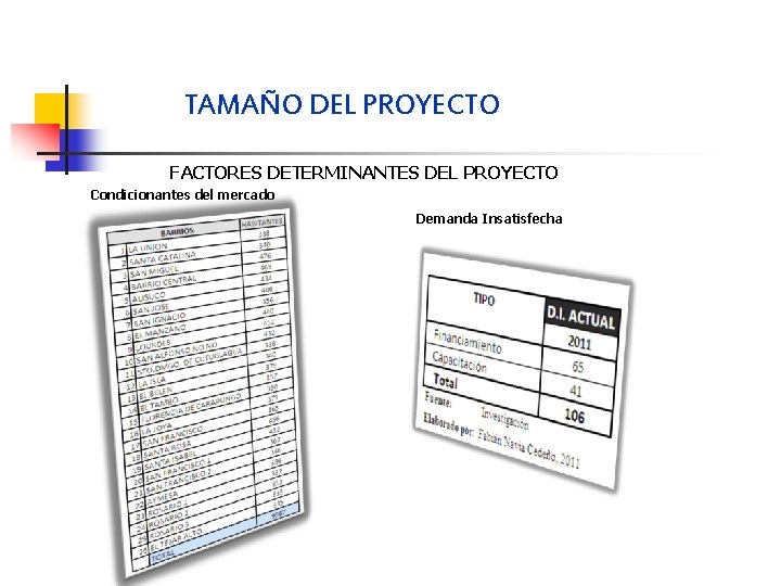 TAMAÑO DEL PROYECTO FACTORES DETERMINANTES DEL PROYECTO Condicionantes del mercado Demanda Insatisfecha 