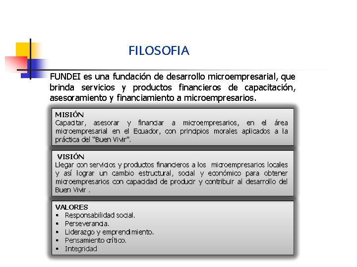 FILOSOFIA FUNDEI es una fundación de desarrollo microempresarial, que brinda servicios y productos financieros